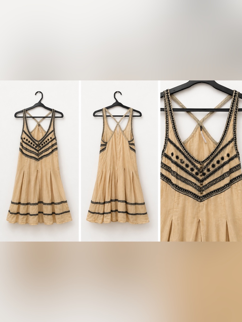 Free People Cream & Black Embroidered Mini Dress | Boho Festival Style